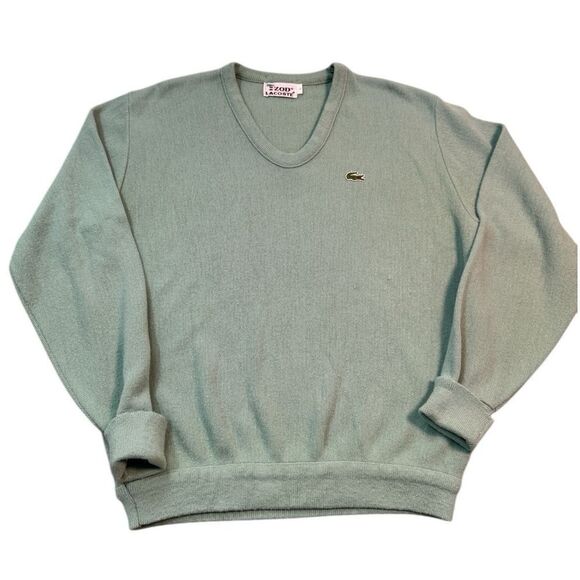 VTG 90's Lacoste Izod Lt Green Tight Knit Logo‎ Patch V Neck Sweater Top Men's L - Picture 1 of 6